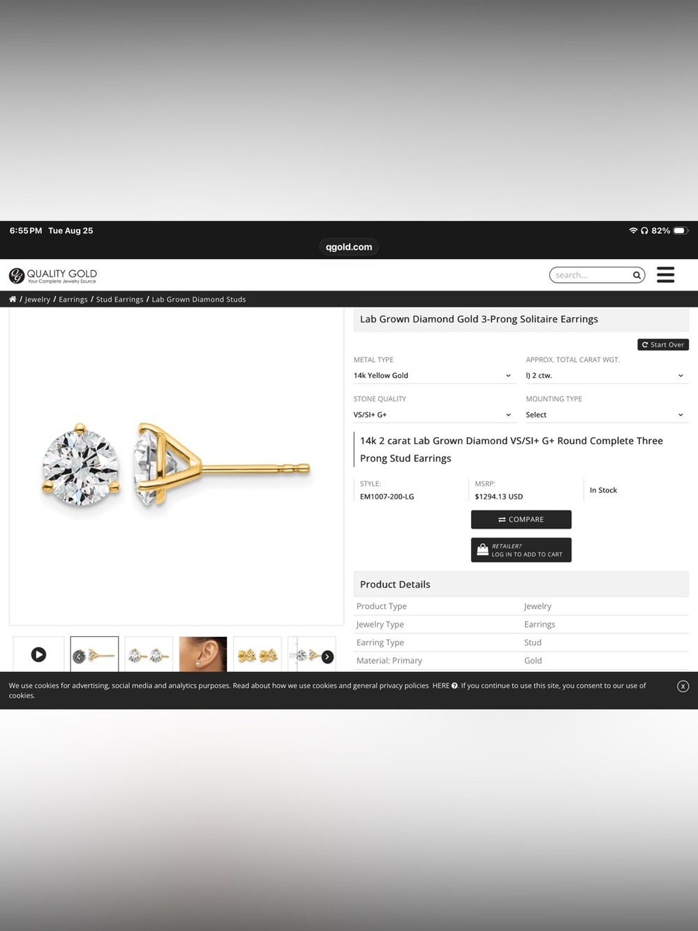 14K Yellow Gold Martini Setting Lab Grown Diamond Earrings - Picture 13 of 13